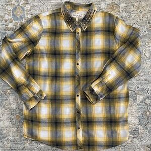 Sheryl Crow Studded Yellow and Blue Plaid Button Down Shirt